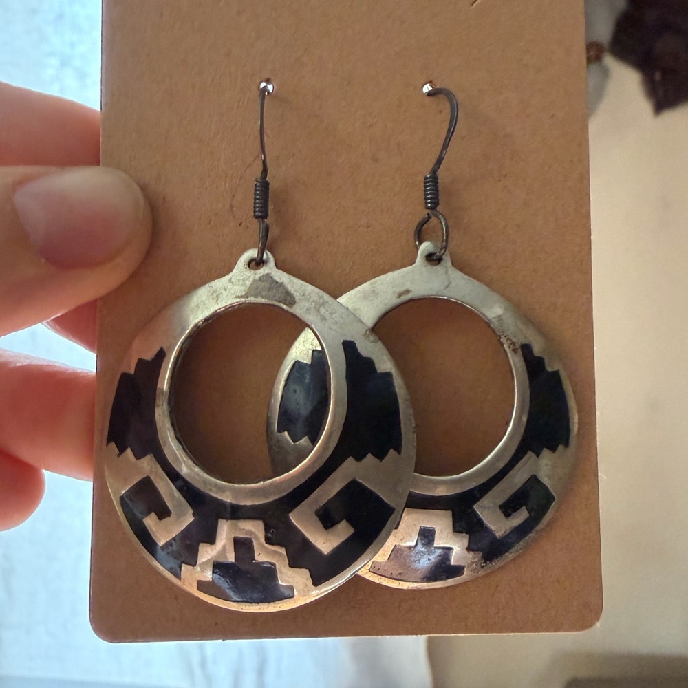 VTG Mexico Alpaca Silver Black Enamel Geometric Inlay Dangle Earrings Boho
